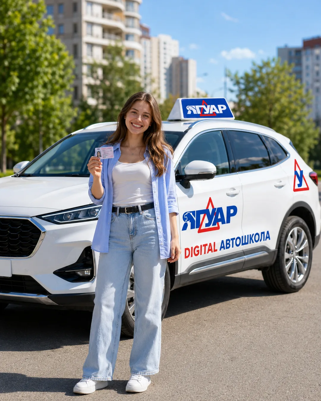 Выпускница с правами у брендовой машины автошколы «Ягуар»