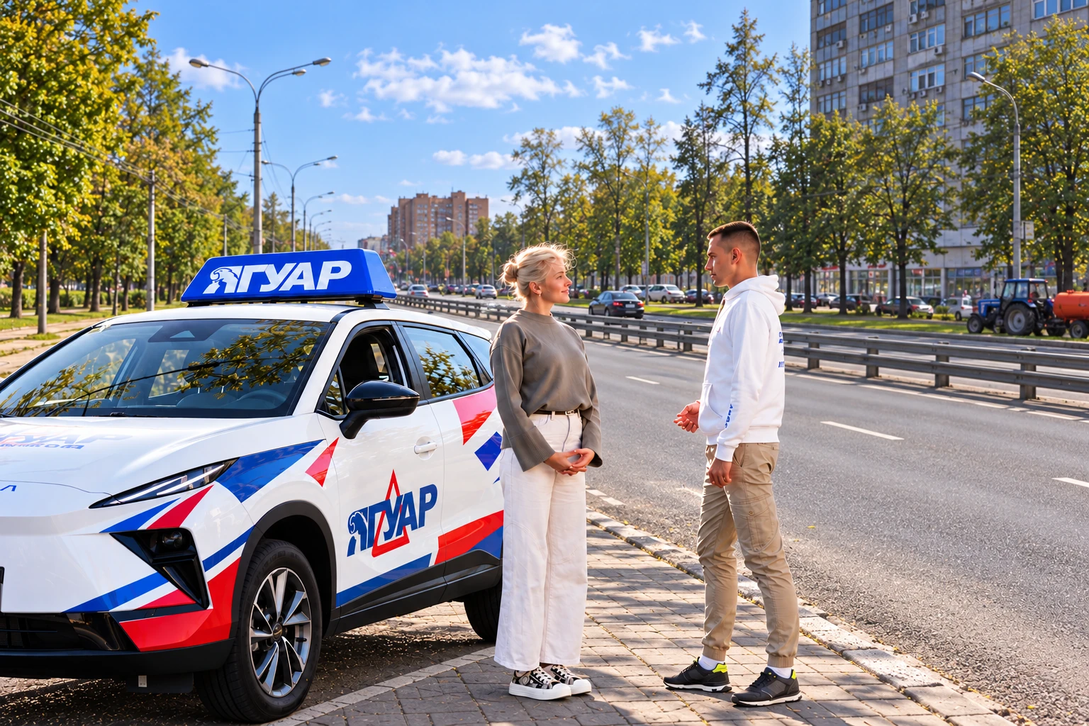 Ученица и инструктор у автомобиля Ягуар: шоссе Энтузиастов, Москва