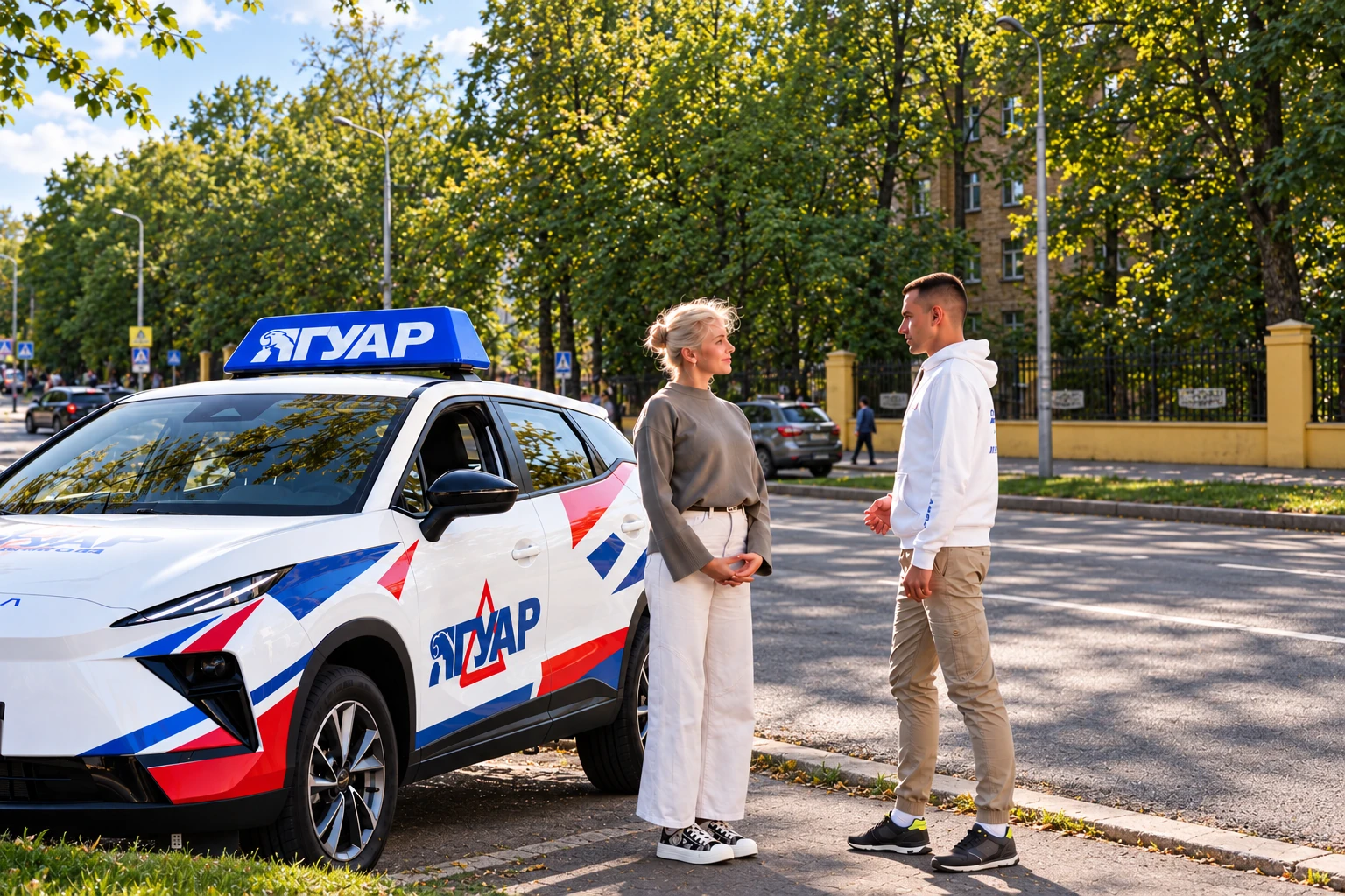 Ученица и инструктор у автомобиля Ягуар: Часовая улица, Москва