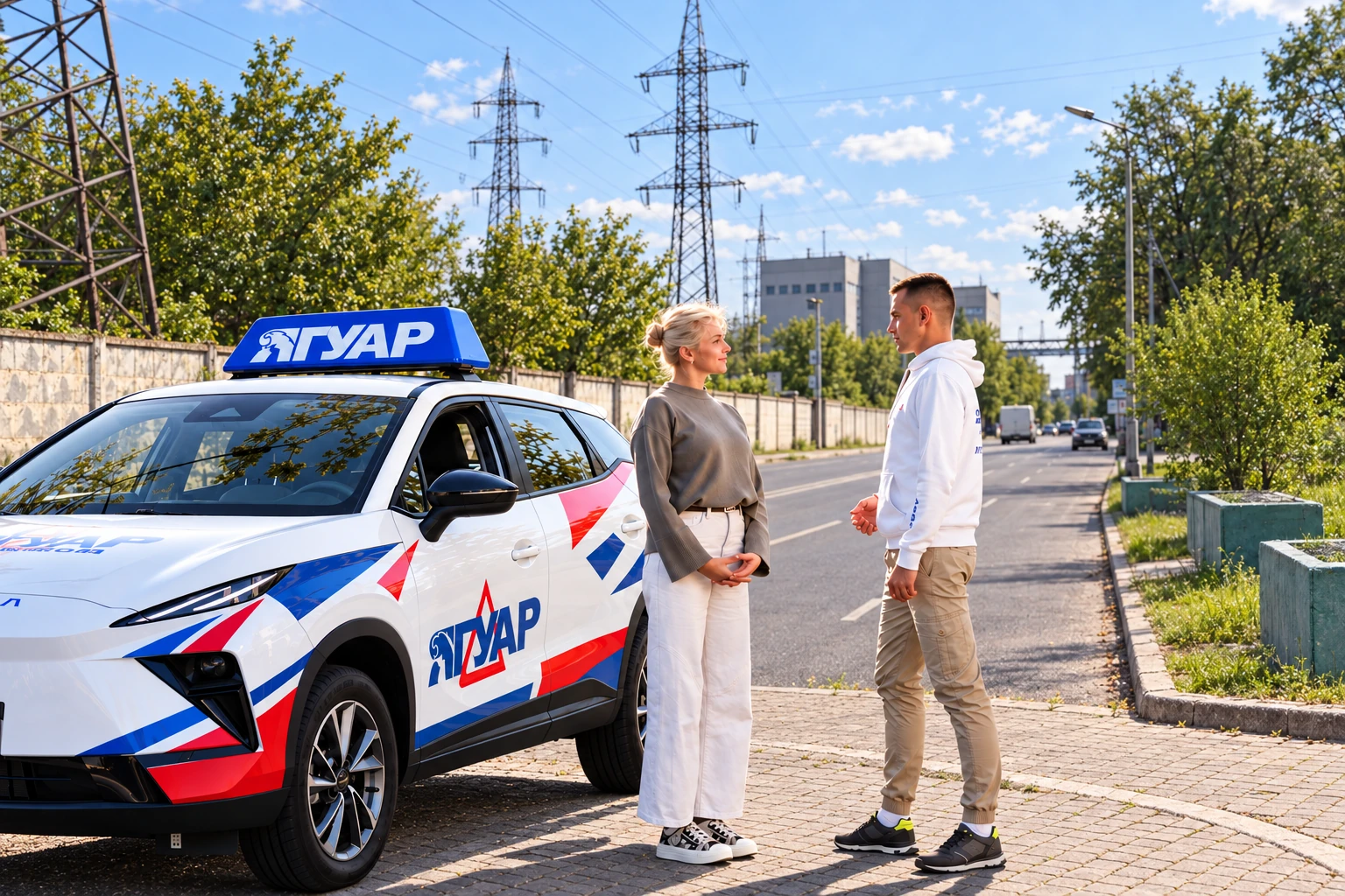Ученица и инструктор у автомобиля Ягуар: Ижорская улица, Москва