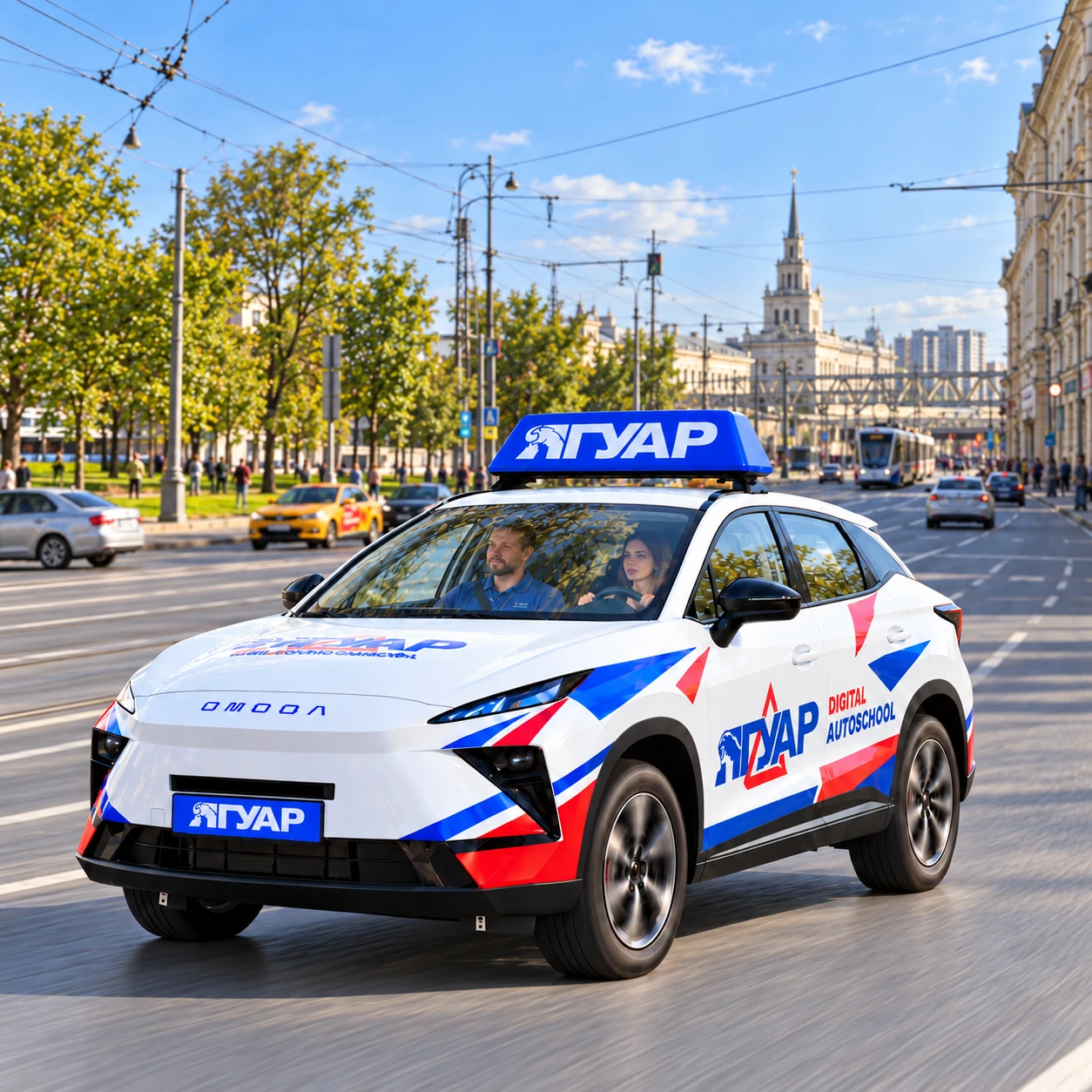 Учебный автомобиль «Ягуар» рядом с Каланчёвской улицей