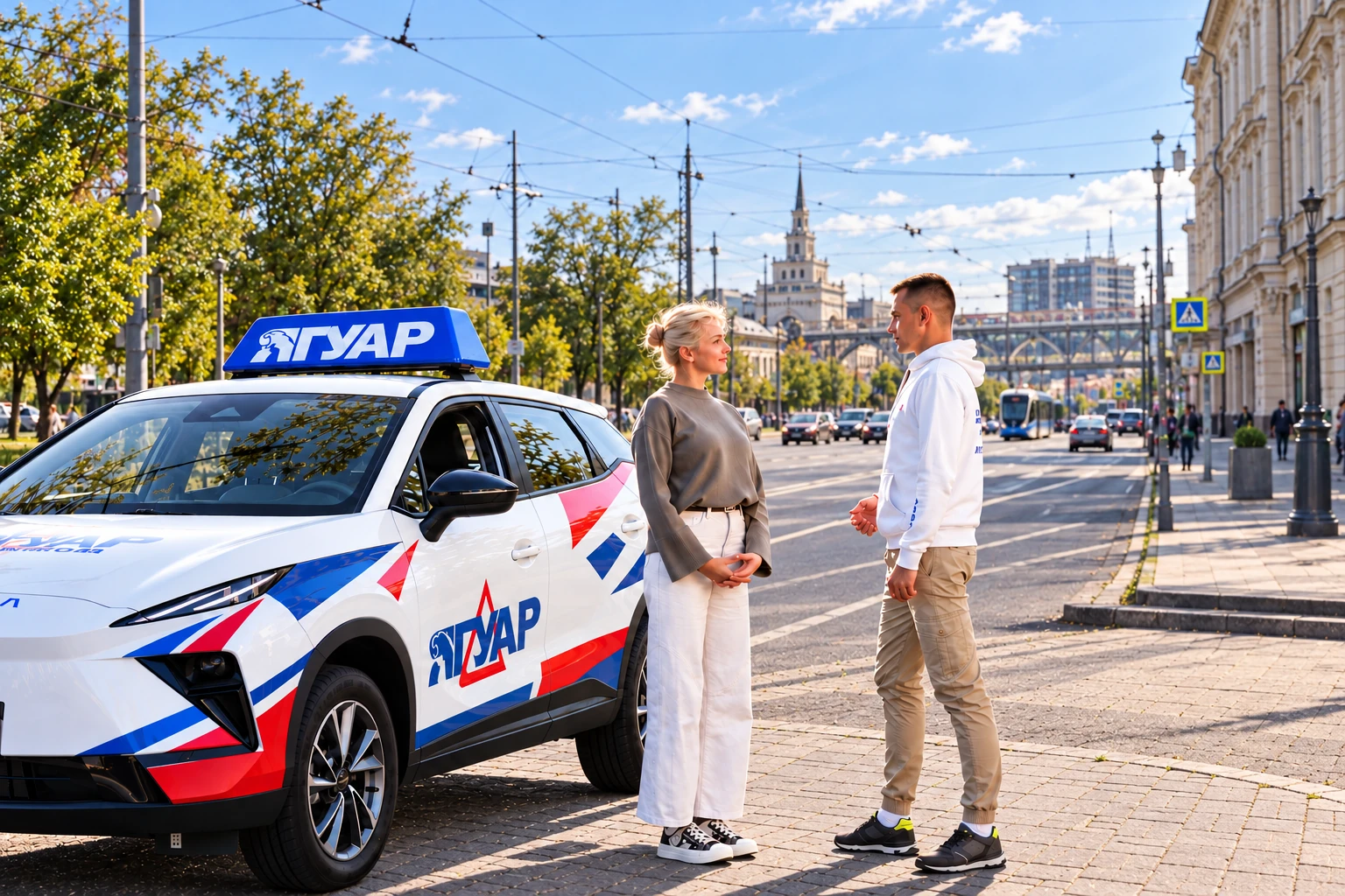 Ученица и инструктор у автомобиля Ягуар: Каланчёвская улица, Москва
