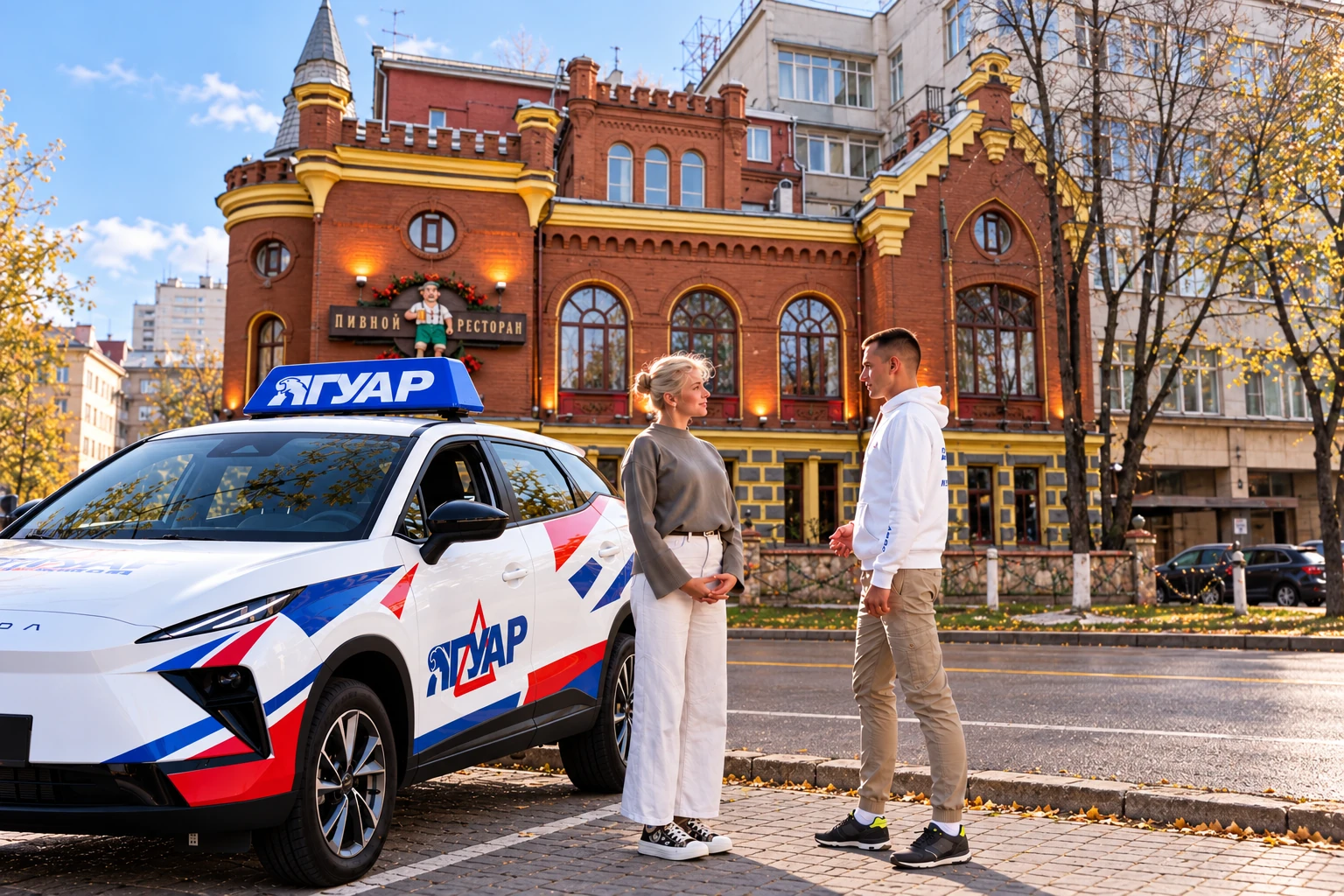 Ученица и инструктор у автомобиля Ягуар: Воронцовская ул., 35Б, корп. 1, Москва