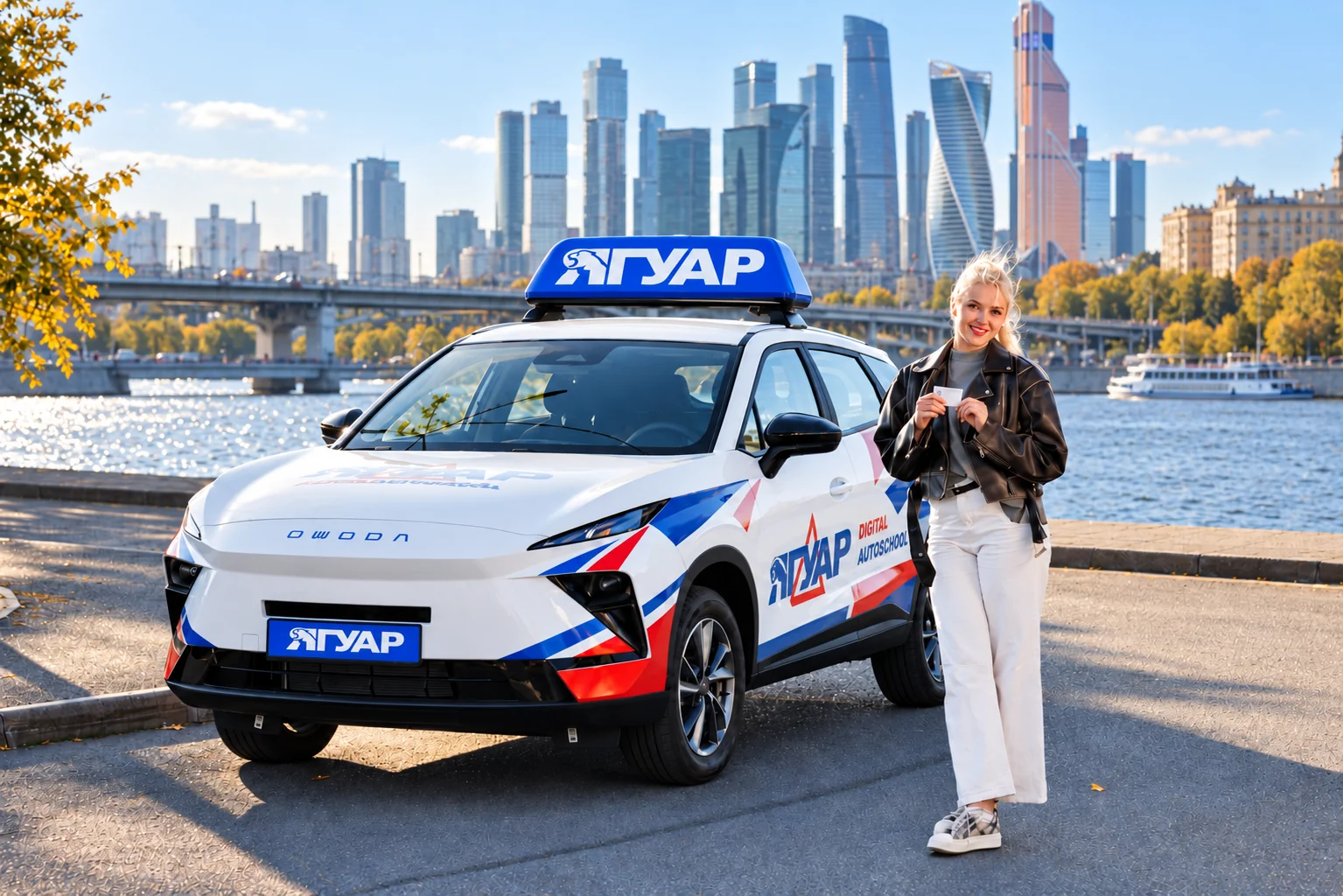 Выпускница автошколы «Ягуар» с водительским удостоверением на фоне Москвы
