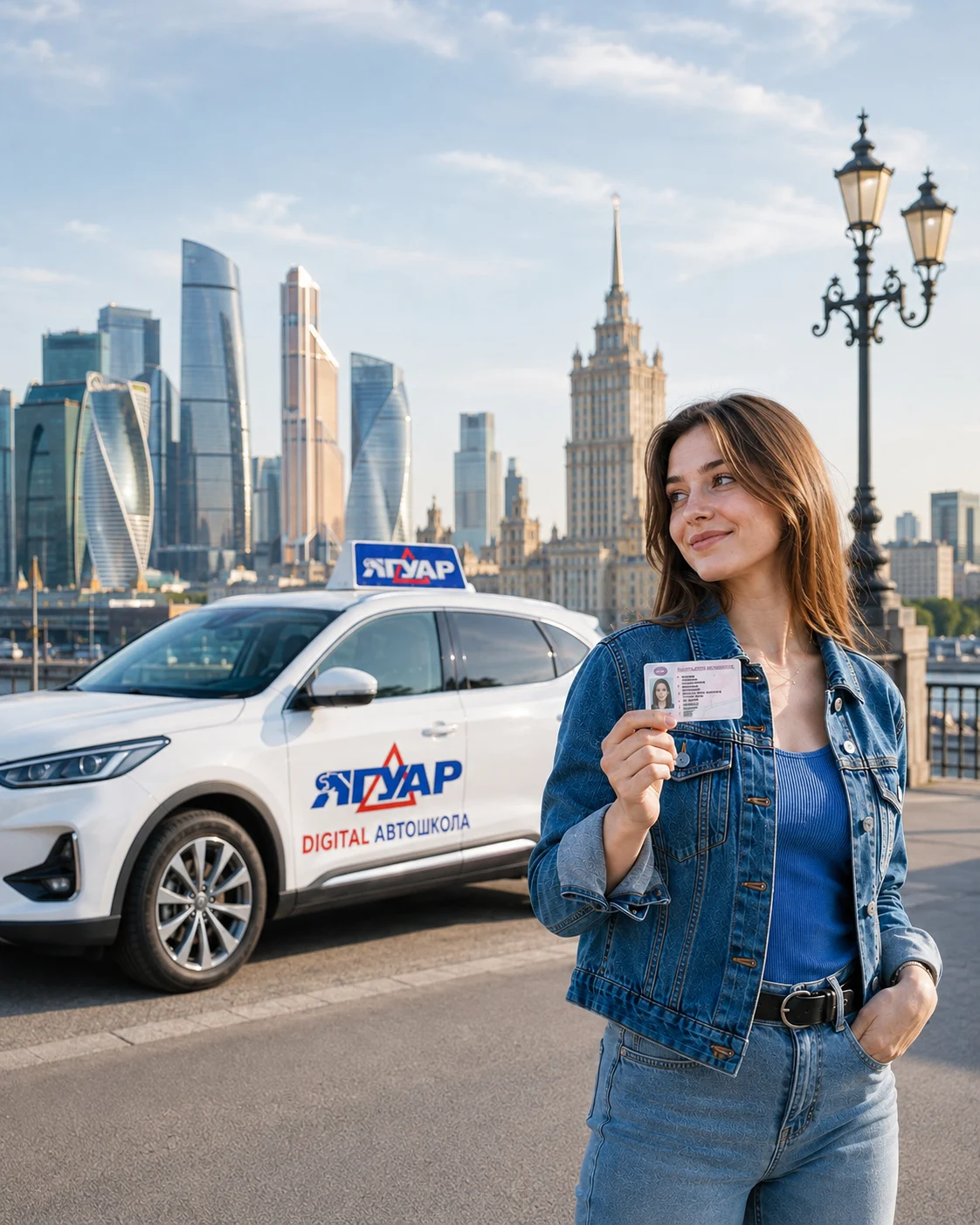 Выпускница автошколы «Ягуар» с водительским удостоверением на фоне Москвы