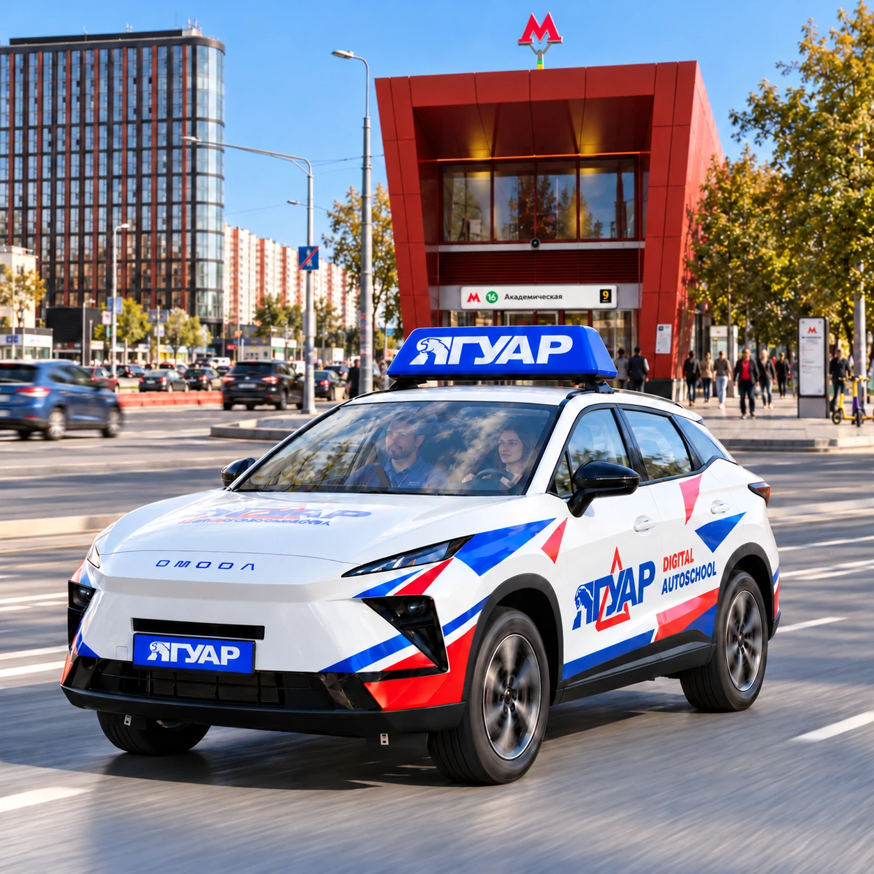 Учебный автомобиль «Ягуар» в движении рядом с метро Академическая