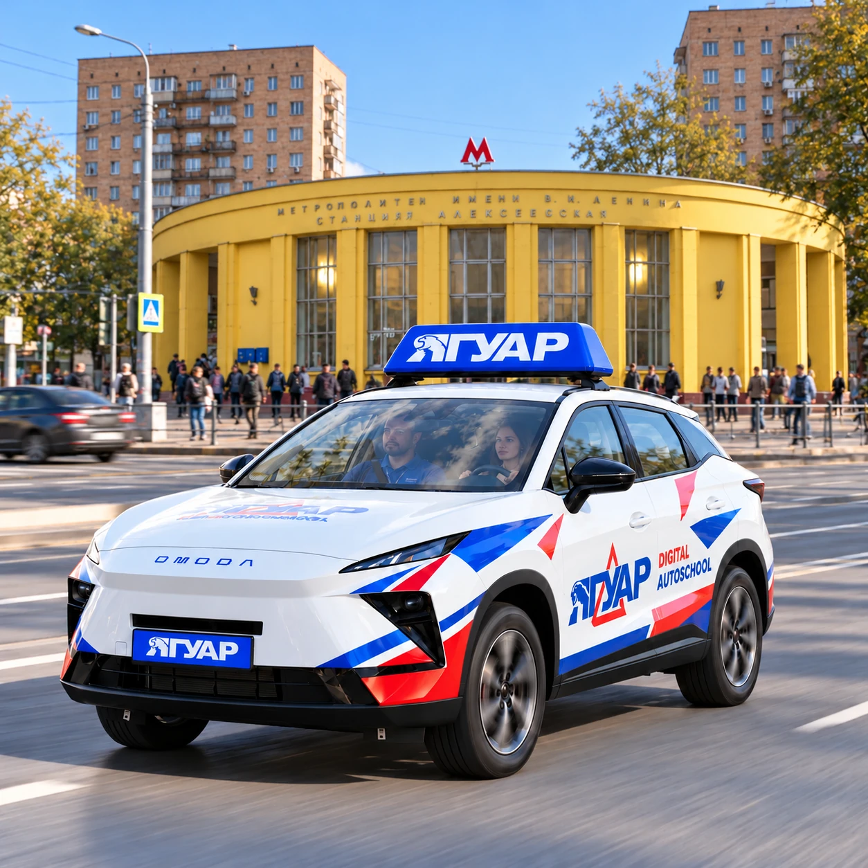 Учебный автомобиль «Ягуар» в движении рядом с метро Алексеевская