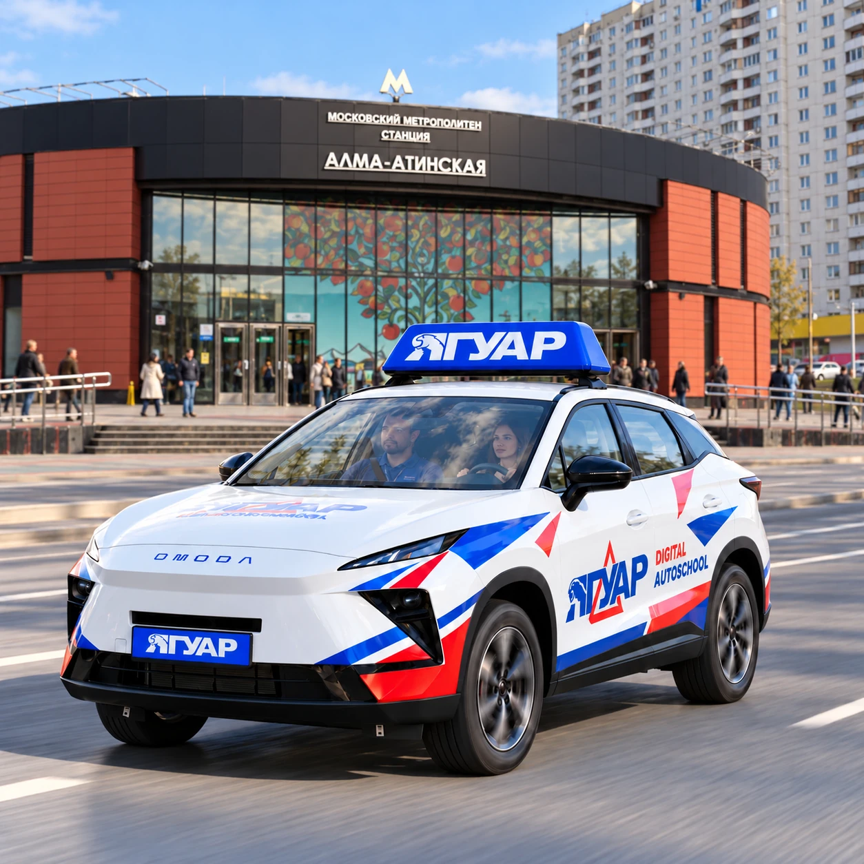 Учебный автомобиль «Ягуар» в движении рядом с метро Алма-Атинская