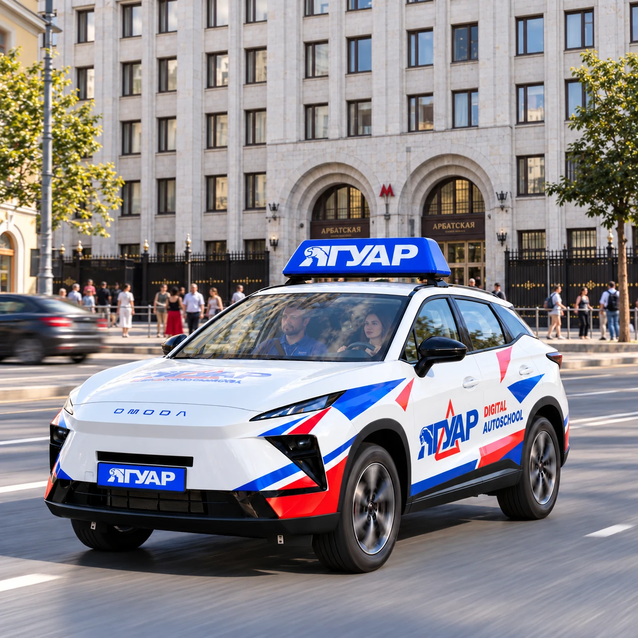 Учебный автомобиль «Ягуар» в движении рядом с метро Арбатская