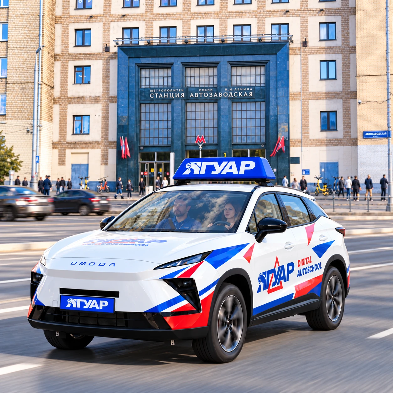 Учебный автомобиль «Ягуар» в движении рядом с метро Автозаводская