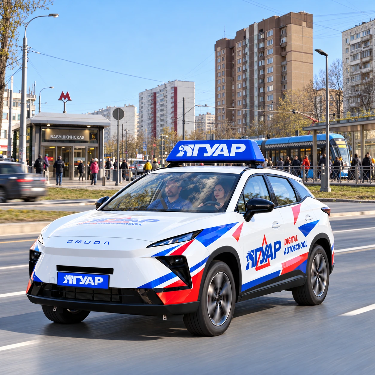 Учебный автомобиль «Ягуар» в движении рядом с метро Бабушкинская