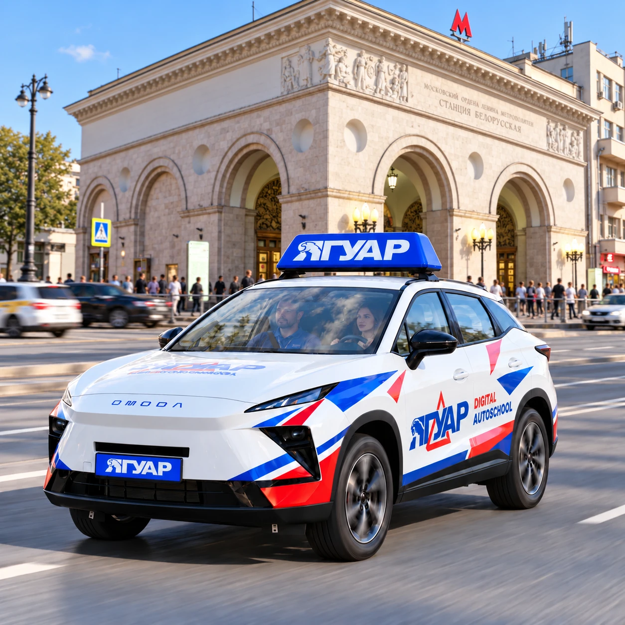 Учебный автомобиль «Ягуар» в движении рядом с метро Белорусская