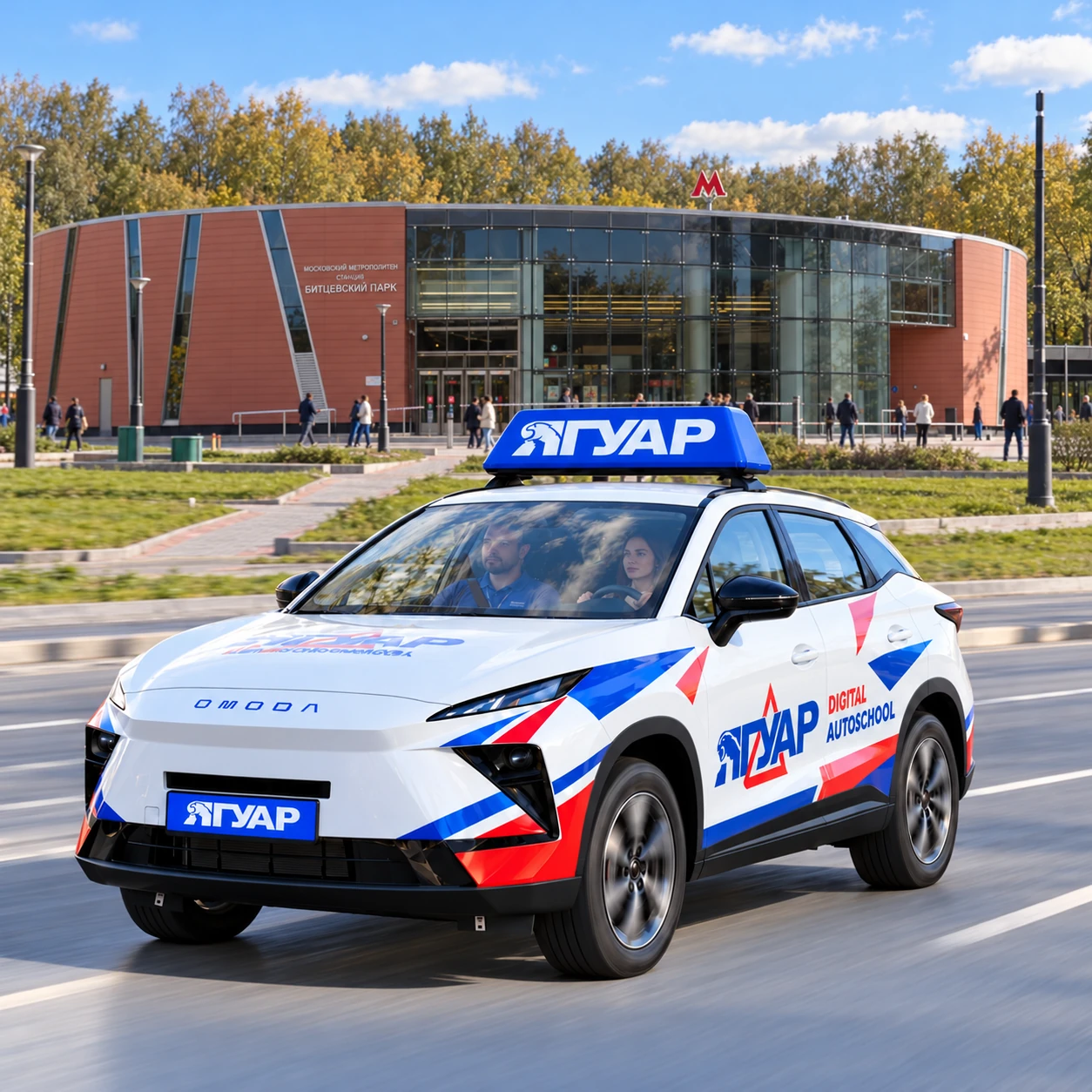 Учебный автомобиль «Ягуар» в движении рядом с метро Битцевский Парк