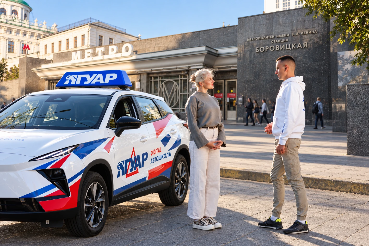 Ученица встречается с инструктором у метро Боровицкая