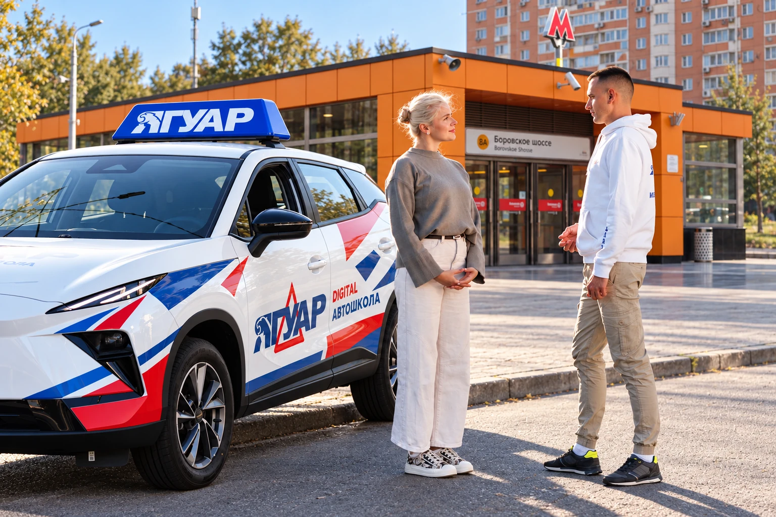 Ученица встречается с инструктором у метро Боровское шоссе
