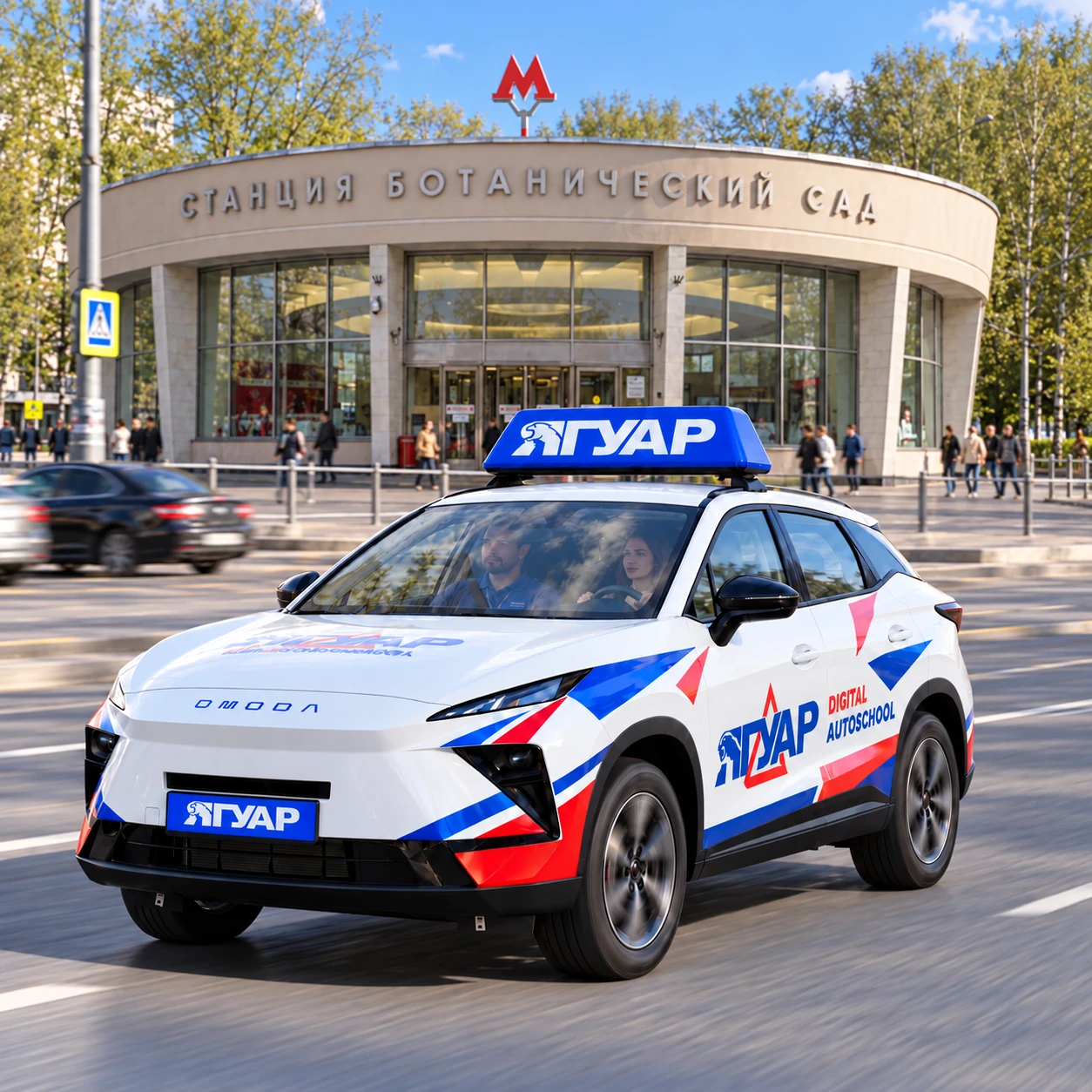 Учебный автомобиль «Ягуар» в движении рядом с метро Ботанический сад