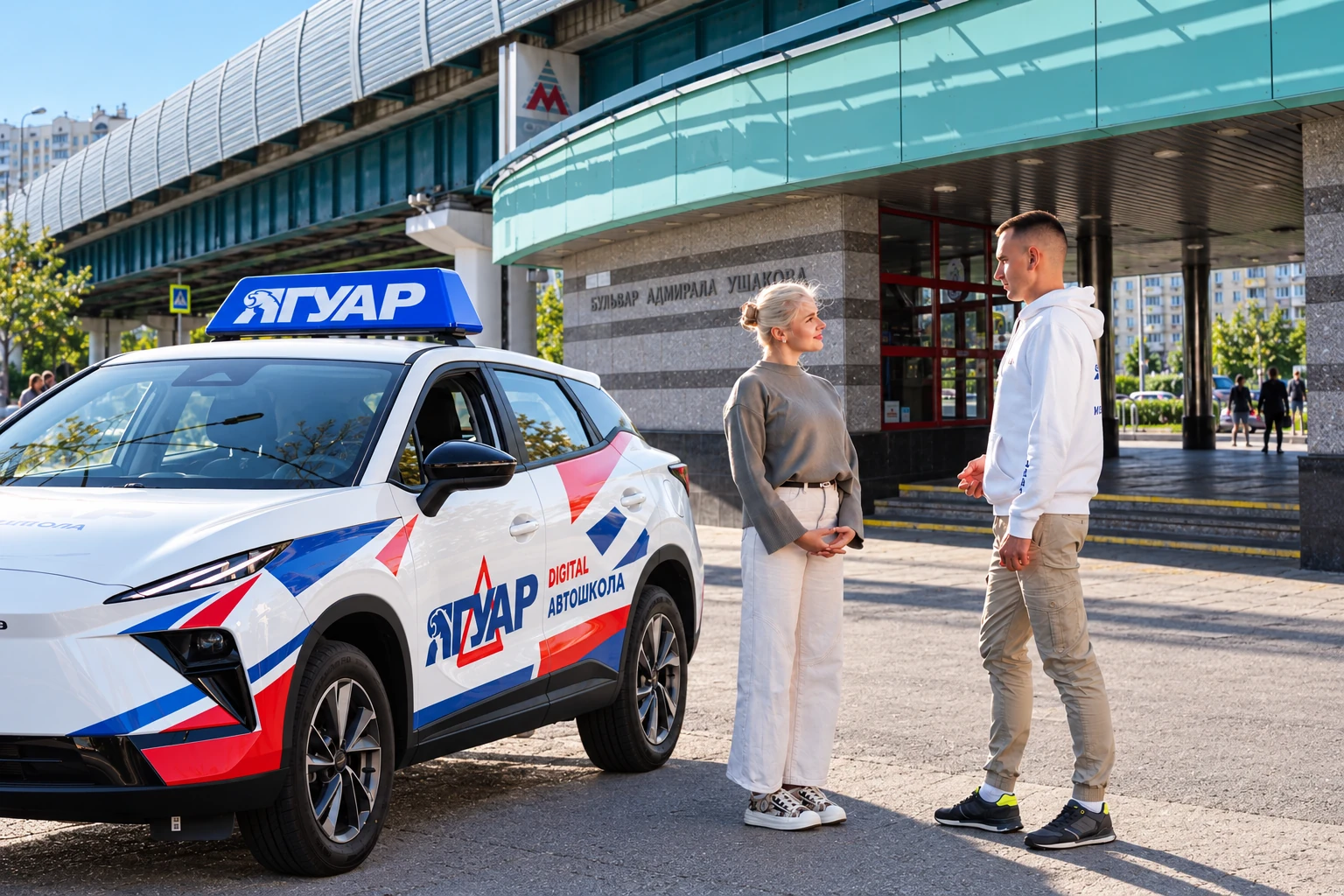 Ученица встречается с инструктором у метро Бульвар Адмирала Ушакова