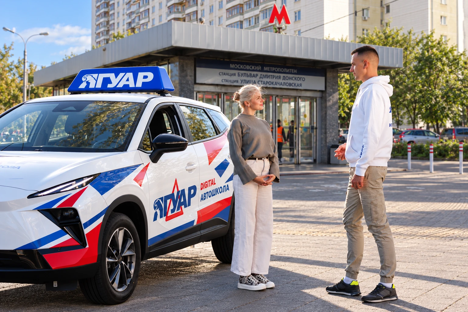 Ученица встречается с инструктором у метро Бульвар Дмитрия Донского