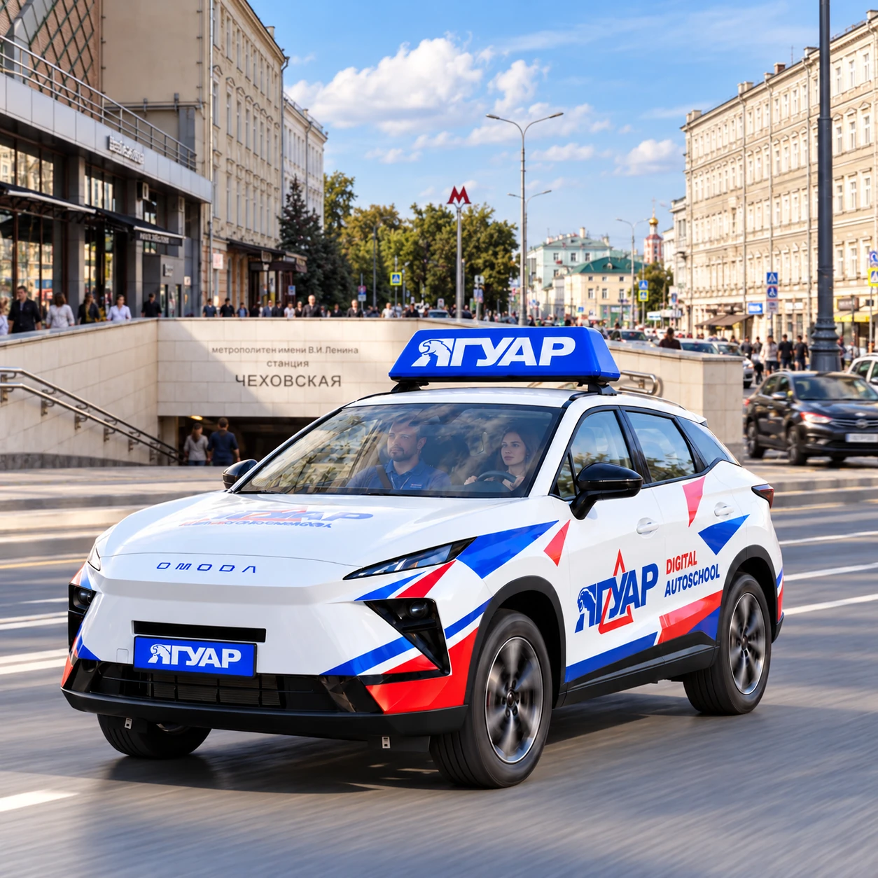 Учебный автомобиль «Ягуар» в движении рядом с метро Чеховская