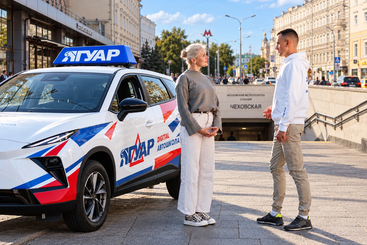 Ученица встречается с инструктором у метро Чеховская