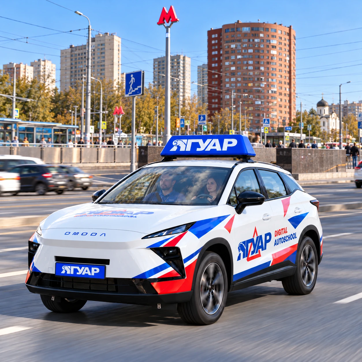 Учебный автомобиль «Ягуар» в движении рядом с метро Чертановская