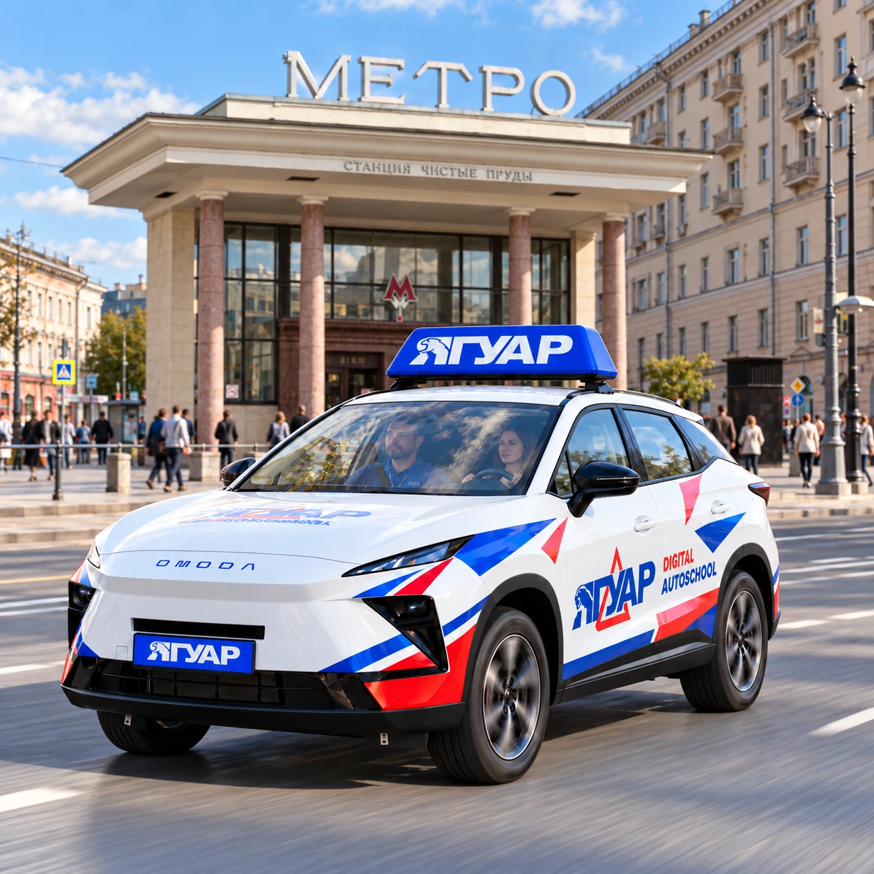 Учебный автомобиль «Ягуар» в движении рядом с метро Чистые пруды