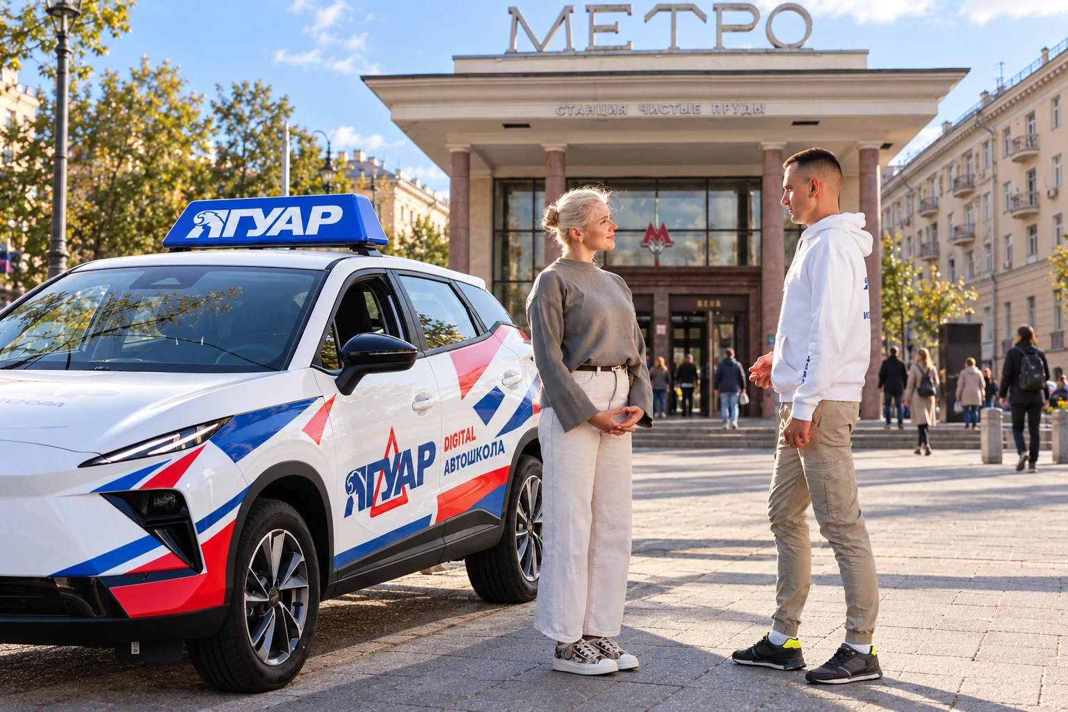 Ученица встречается с инструктором у метро Чистые пруды