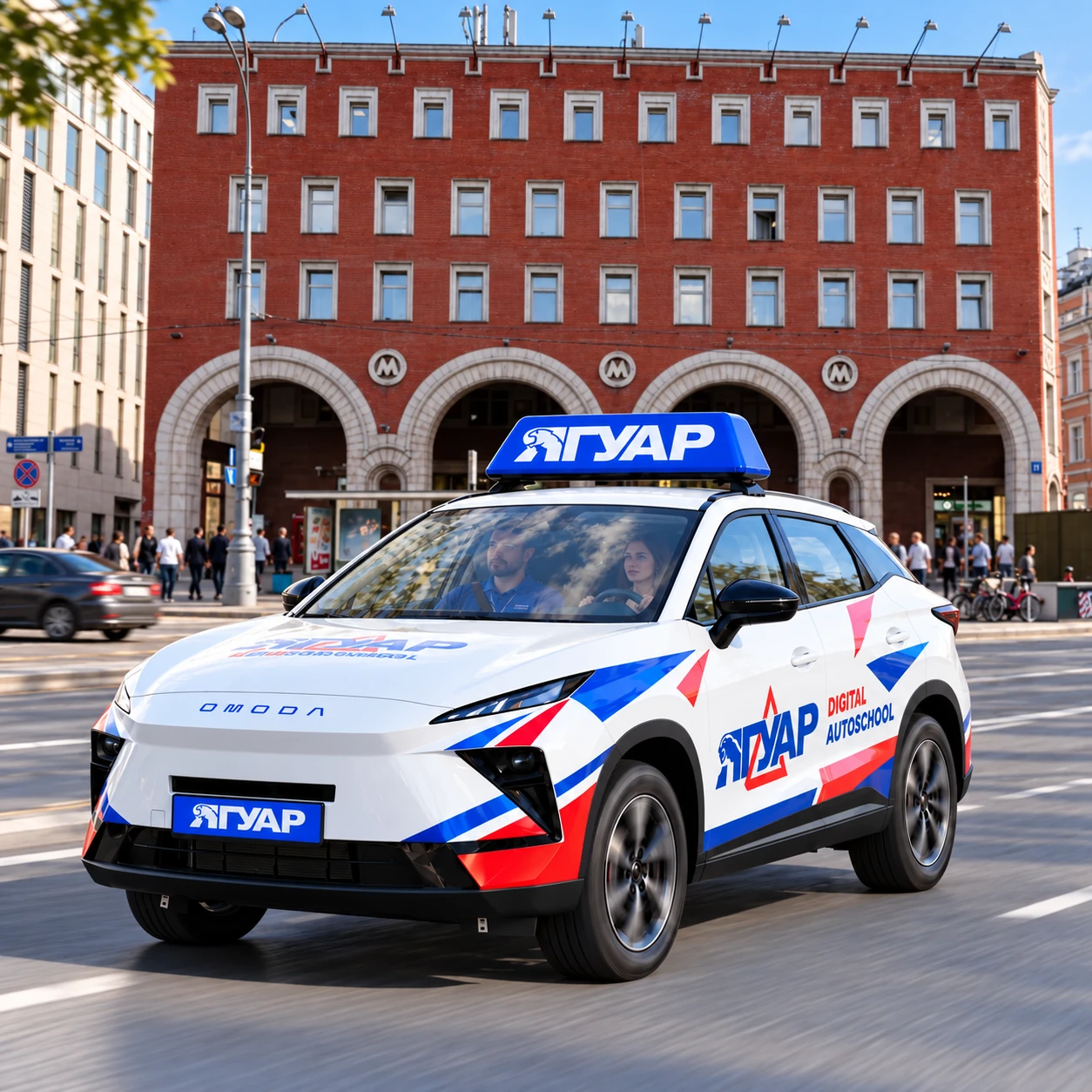 Учебный автомобиль «Ягуар» в движении рядом с метро Цветной бульвар