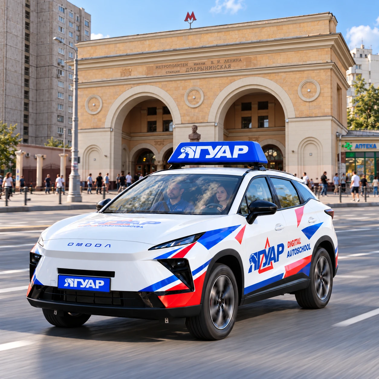Учебный автомобиль «Ягуар» в движении рядом с метро Добрынинская