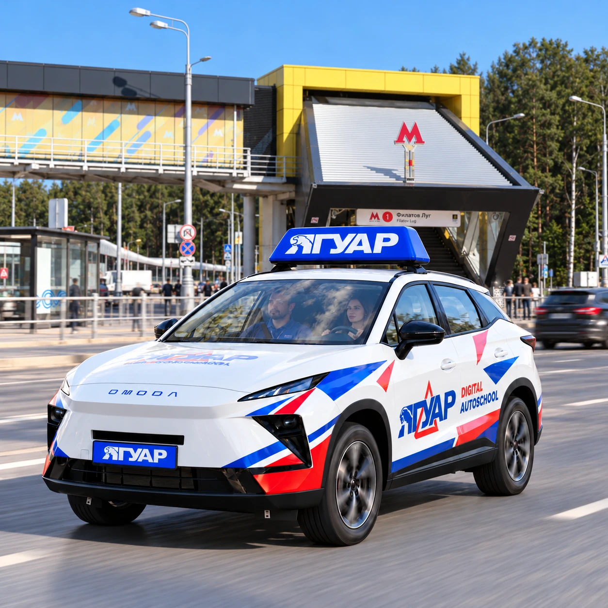 Учебный автомобиль «Ягуар» в движении рядом с метро Филатов луг