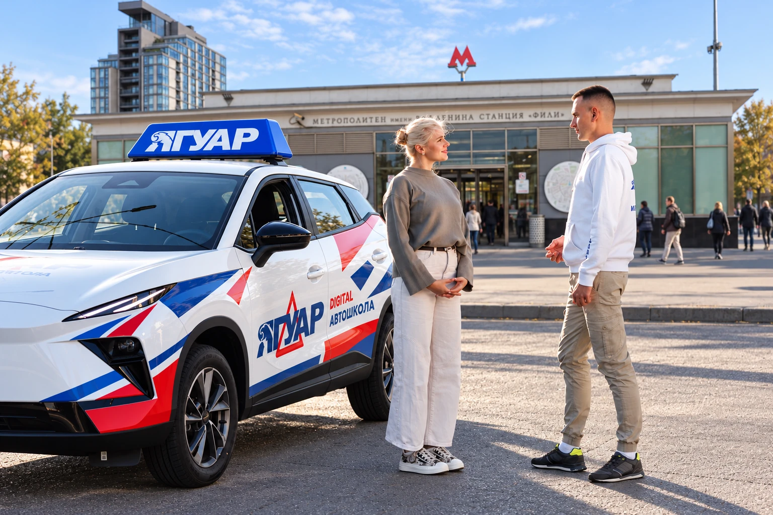 Ученица встречается с инструктором у метро Фили