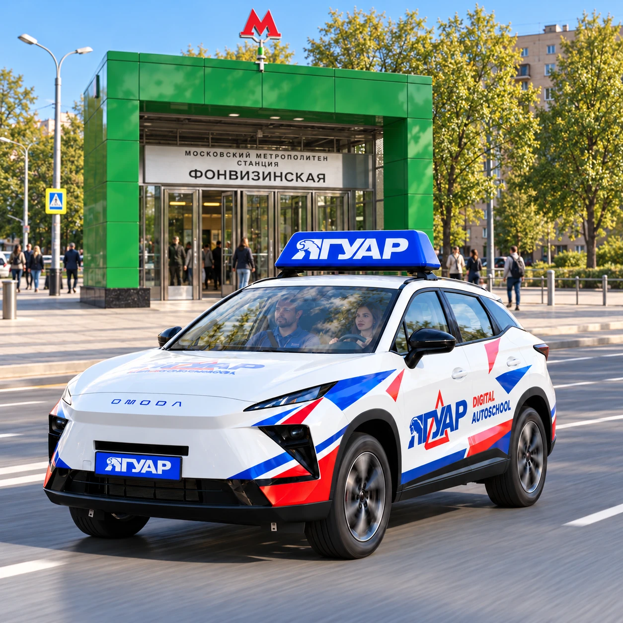 Учебный автомобиль «Ягуар» в движении рядом с метро Фонвизинская
