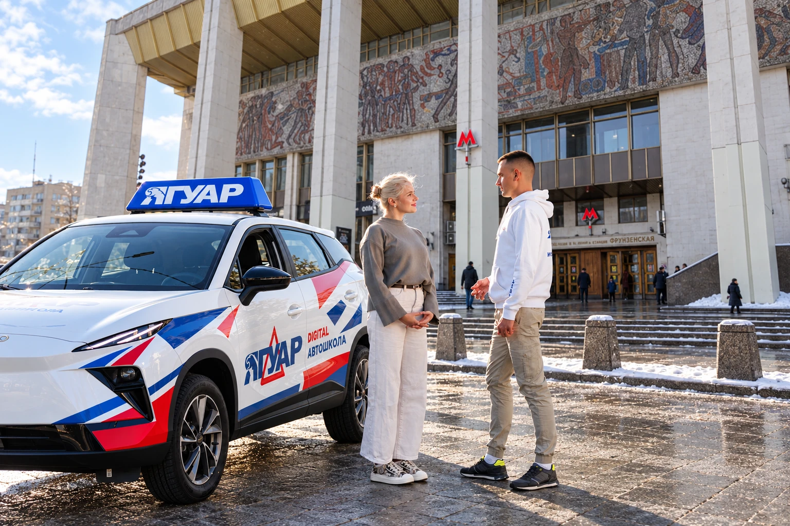 Ученица встречается с инструктором у метро Фрунзенская