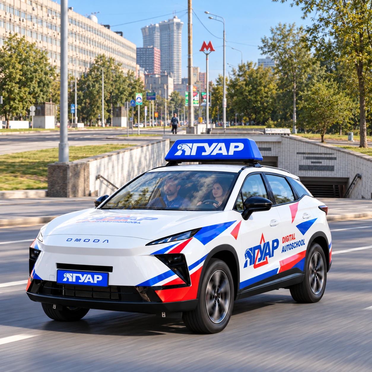 Учебный автомобиль «Ягуар» в движении рядом с метро Калужская