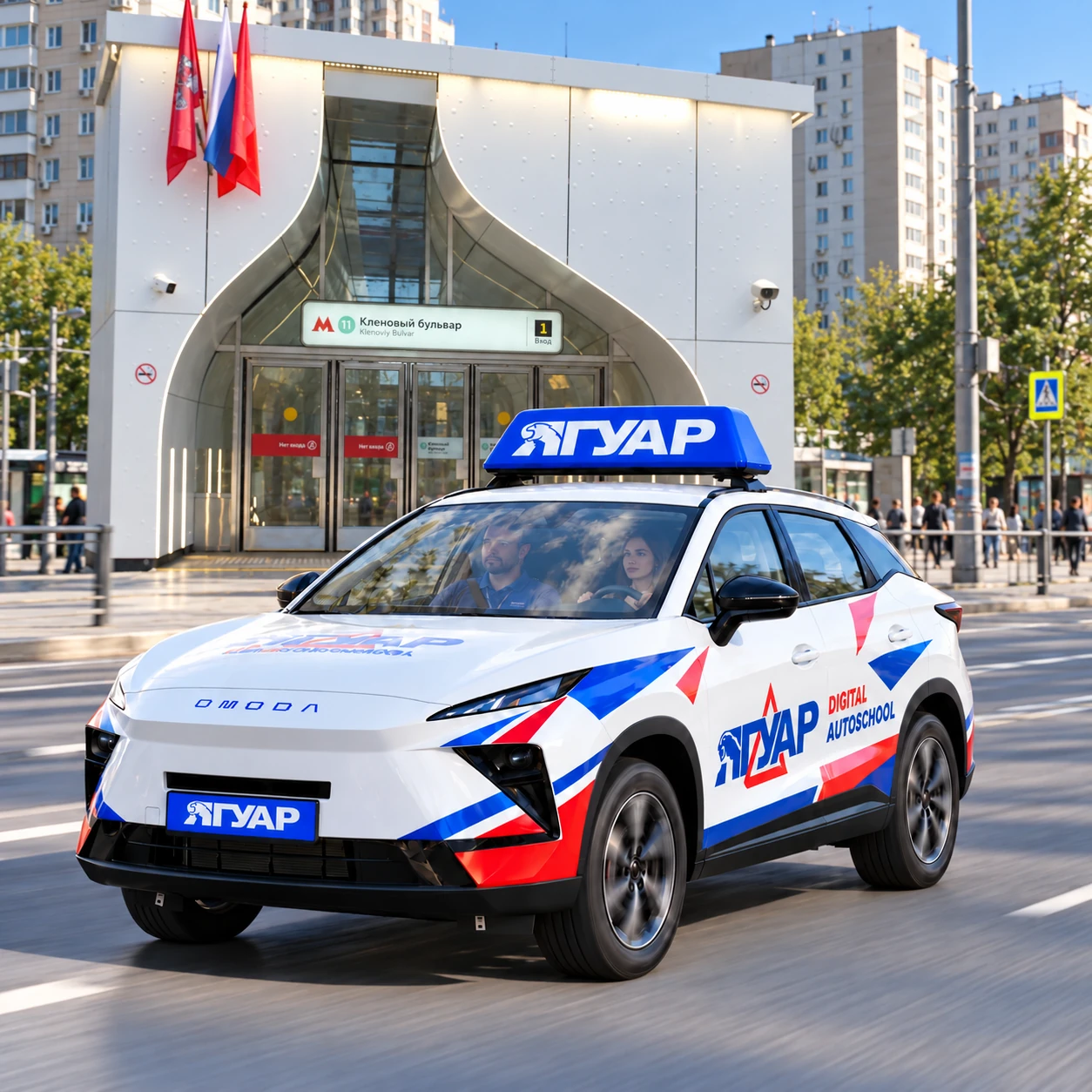Учебный автомобиль «Ягуар» в движении рядом с метро Кленовый бульвар