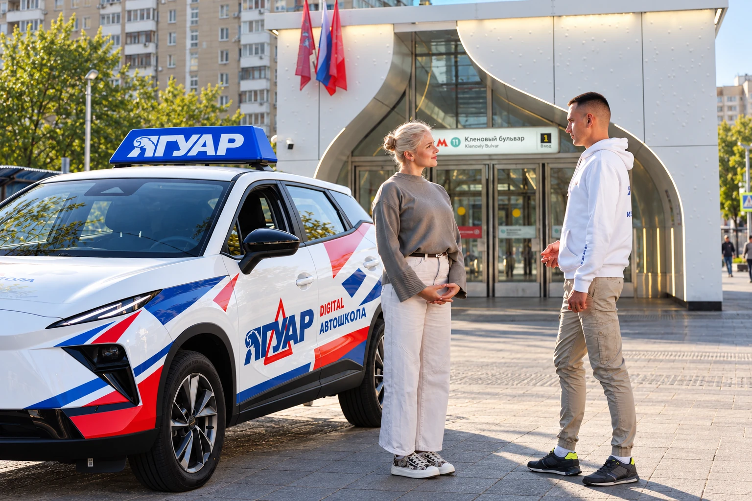 Ученица встречается с инструктором у метро Кленовый бульвар