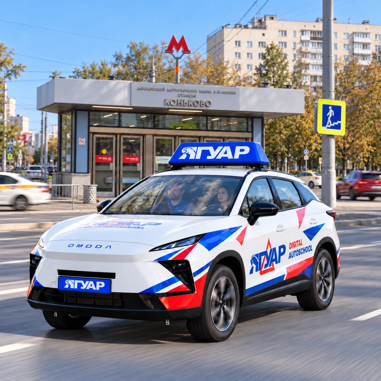 Учебный автомобиль «Ягуар» в движении рядом с метро Коньково