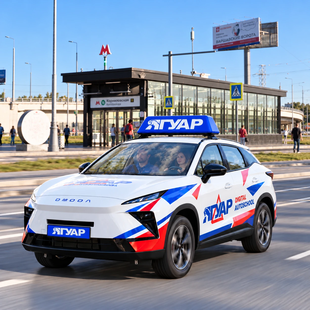 Учебный автомобиль «Ягуар» в движении рядом с метро Корниловская