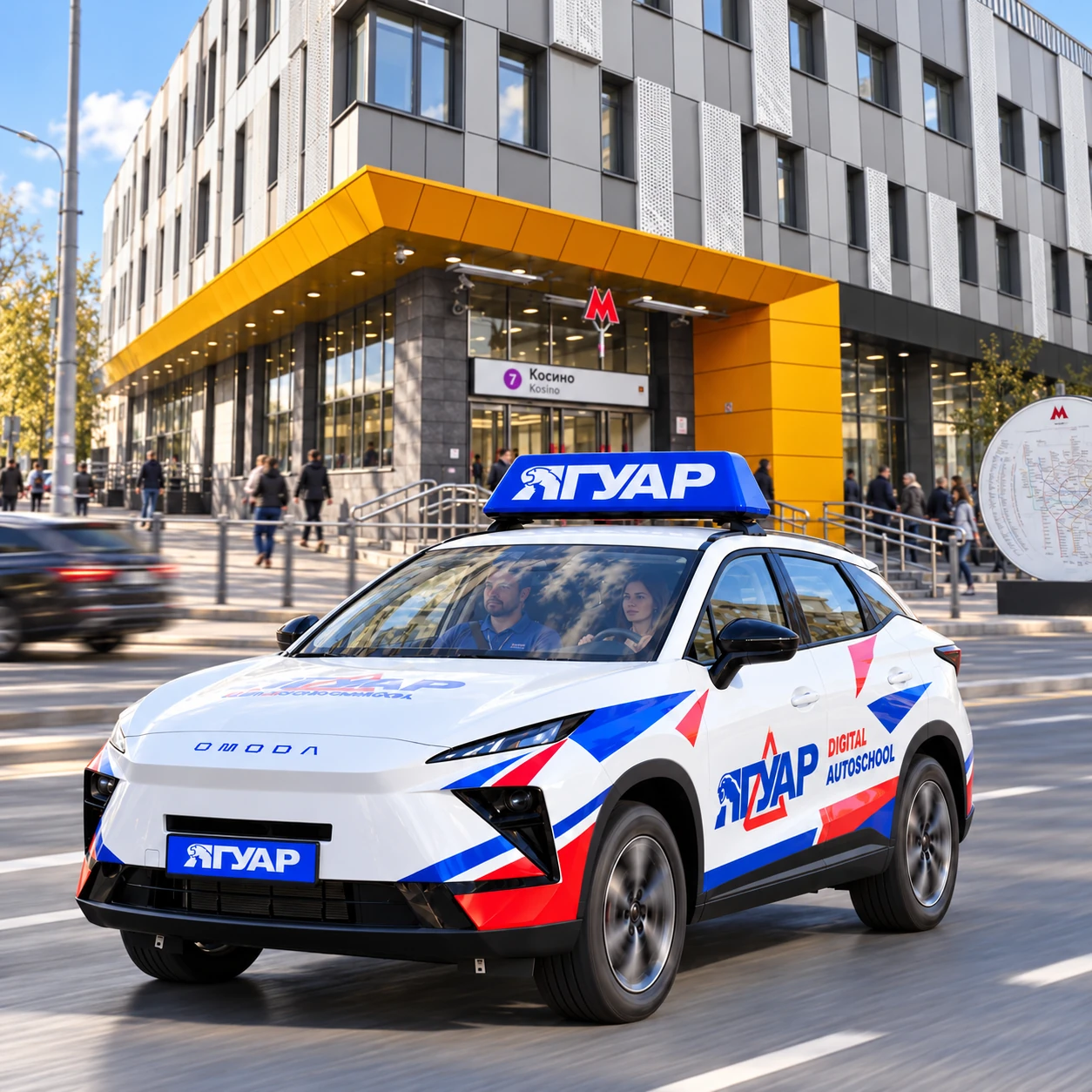 Учебный автомобиль «Ягуар» в движении рядом с метро Косино