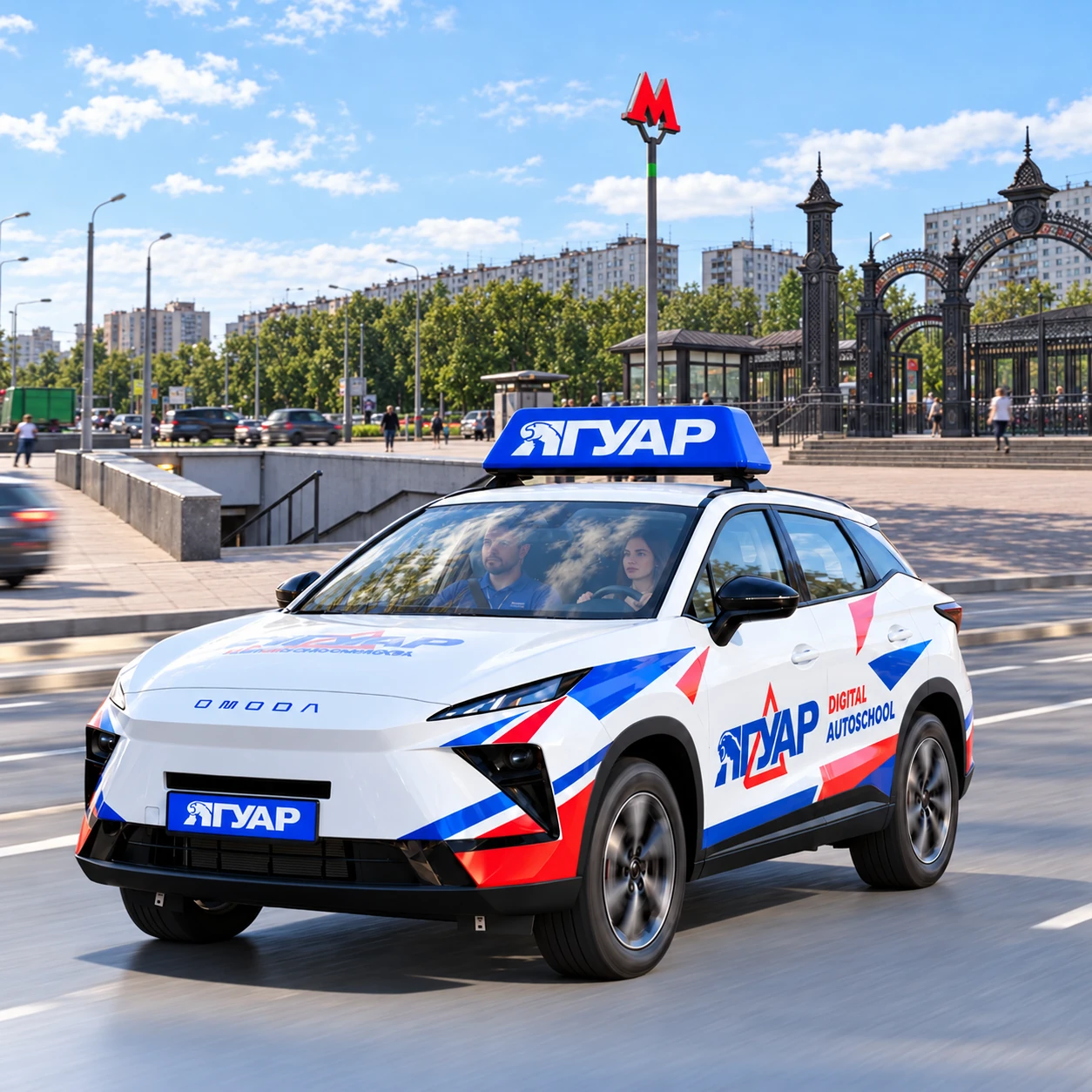 Учебный автомобиль «Ягуар» в движении рядом с метро Красногвардейская