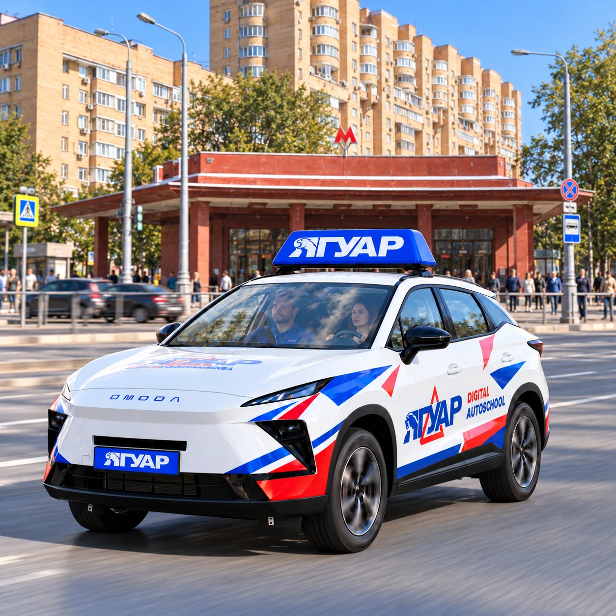 Учебный автомобиль «Ягуар» в движении рядом с метро Красносельская