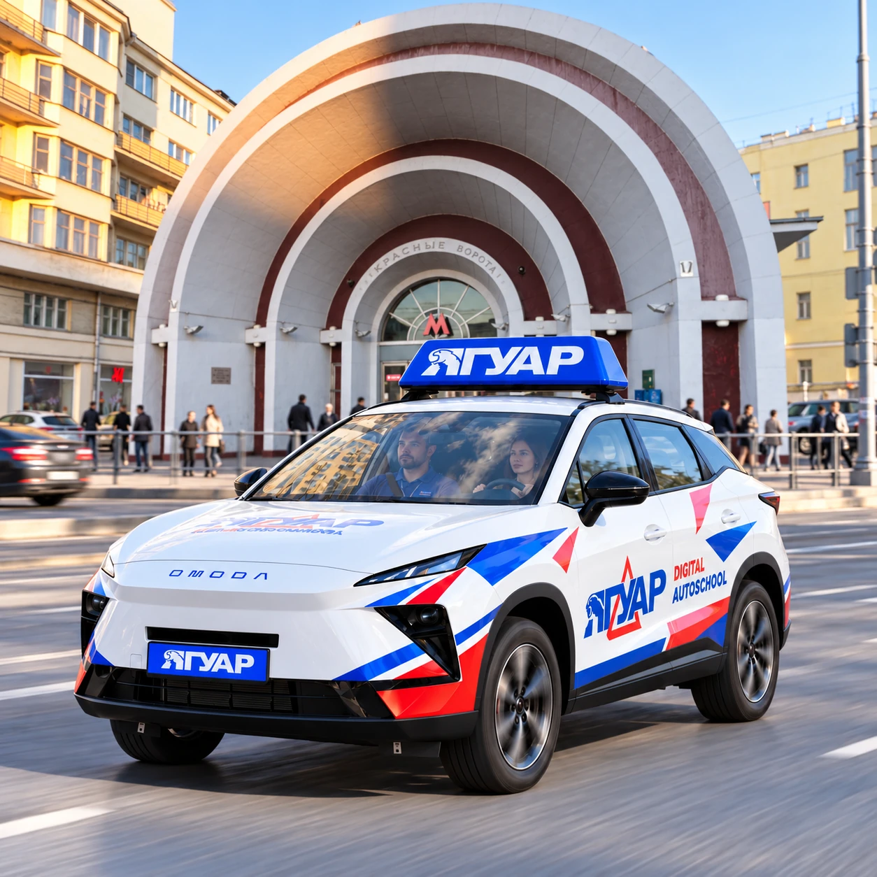 Учебный автомобиль «Ягуар» в движении рядом с метро Красные ворота
