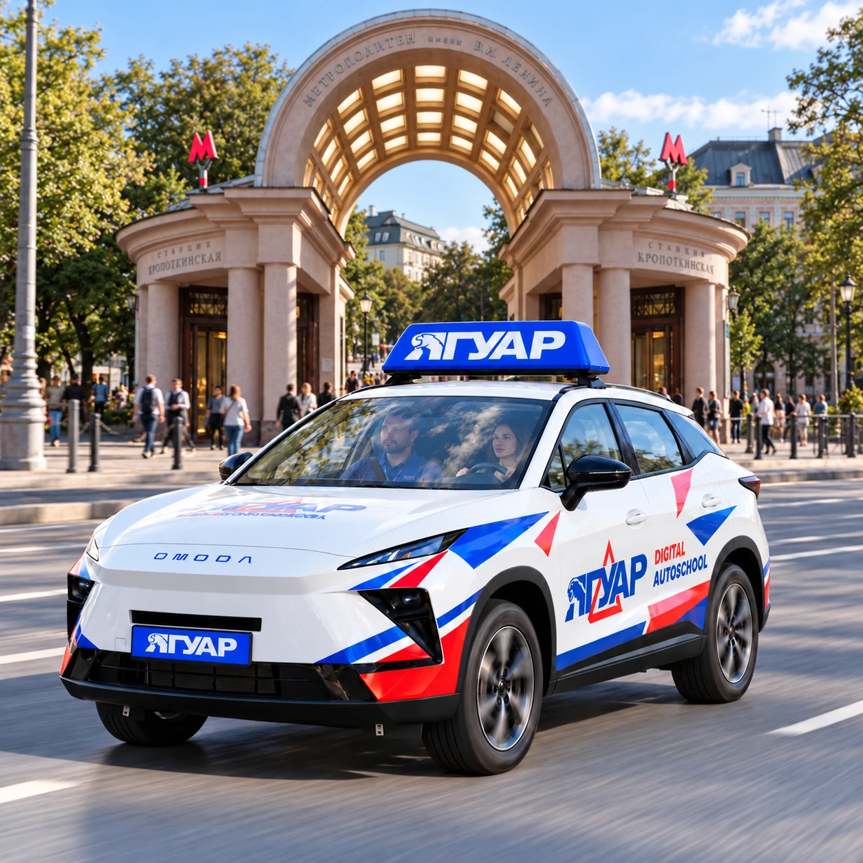 Учебный автомобиль «Ягуар» в движении рядом с метро Кропоткинская