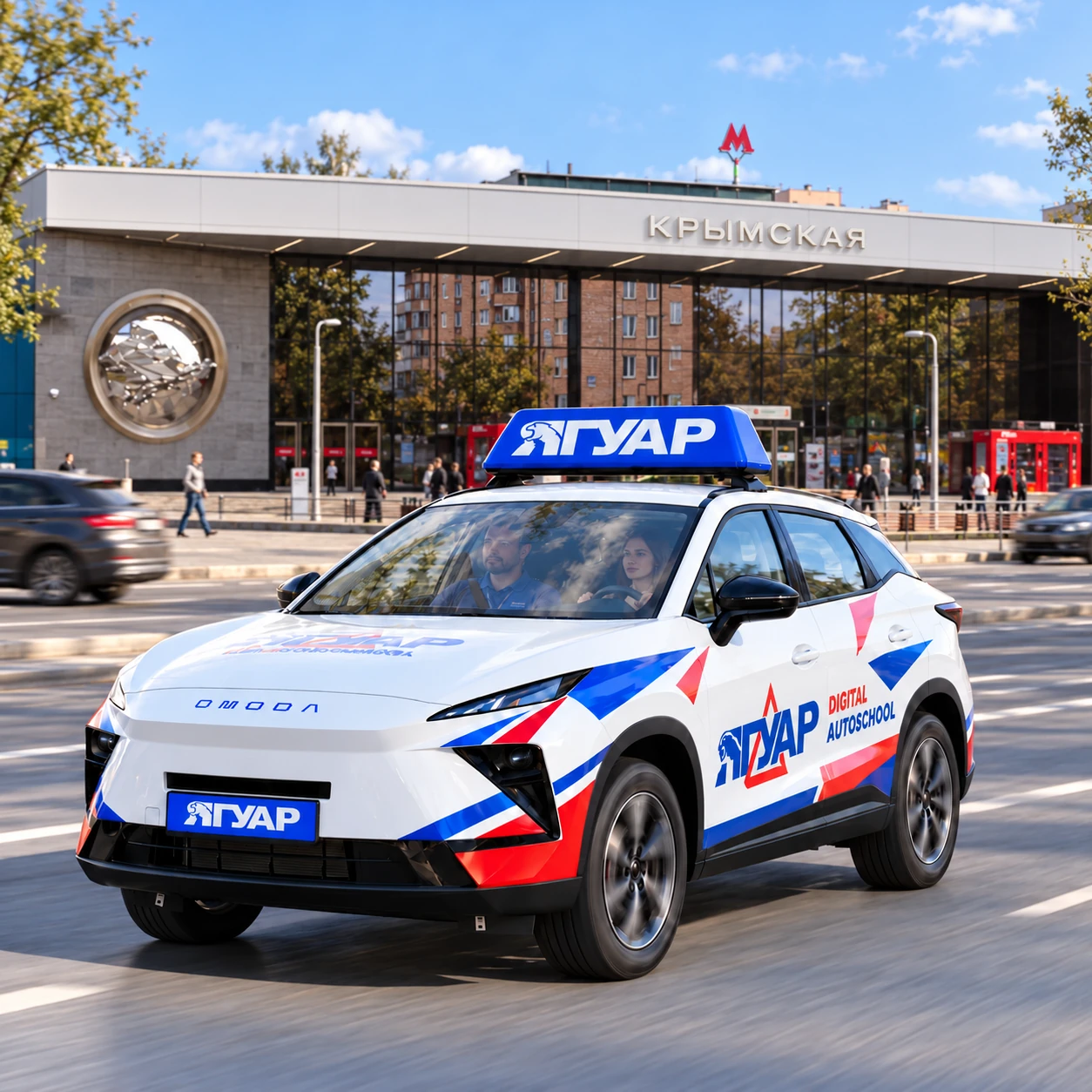 Учебный автомобиль «Ягуар» в движении рядом с метро Крымская