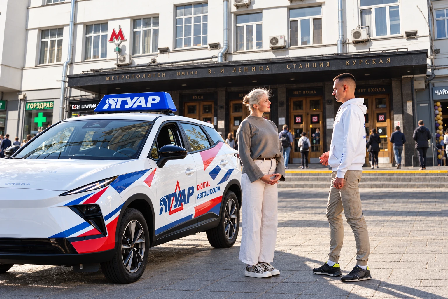 Ученица встречается с инструктором у метро Курская