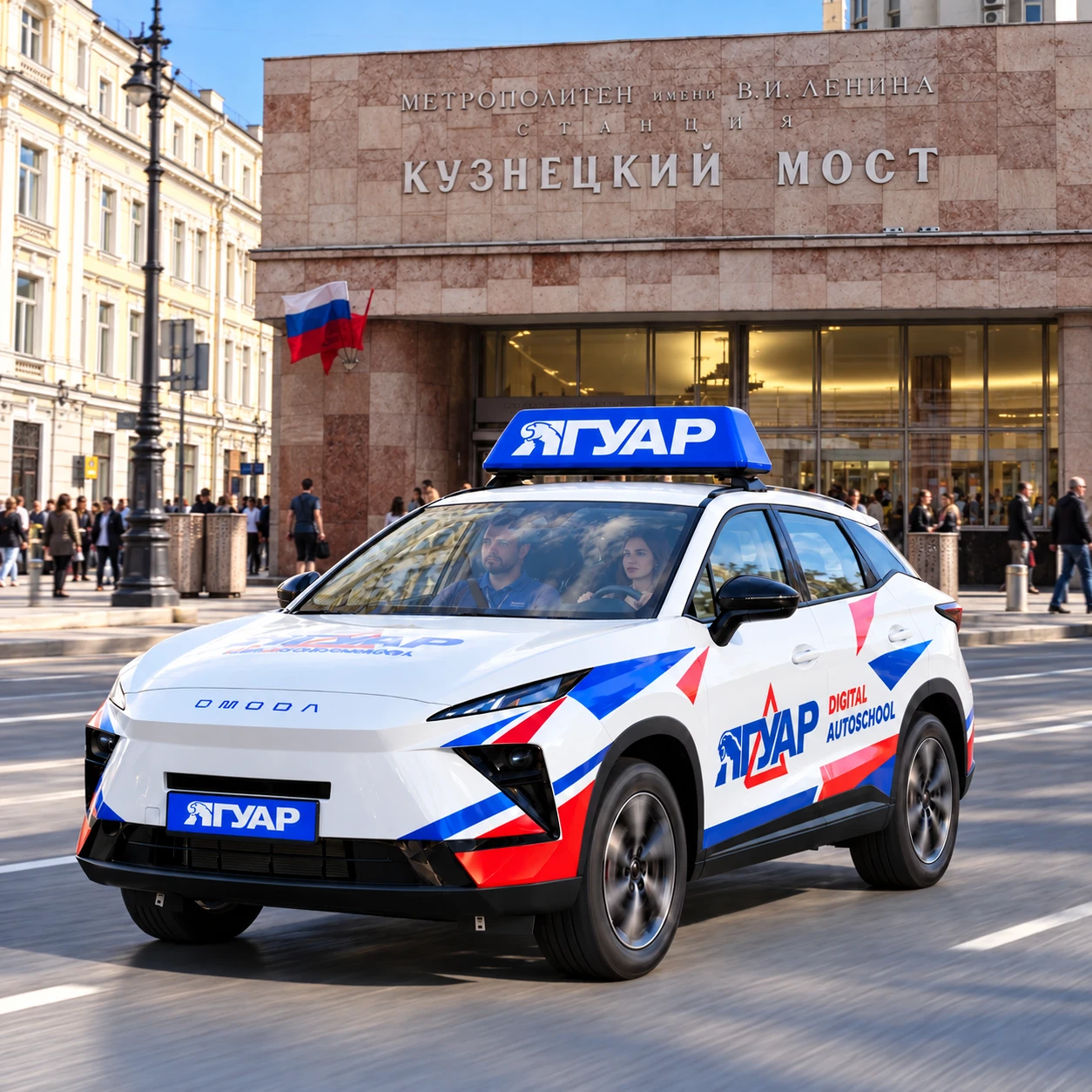Учебный автомобиль «Ягуар» в движении рядом с метро Кузнецкий мост