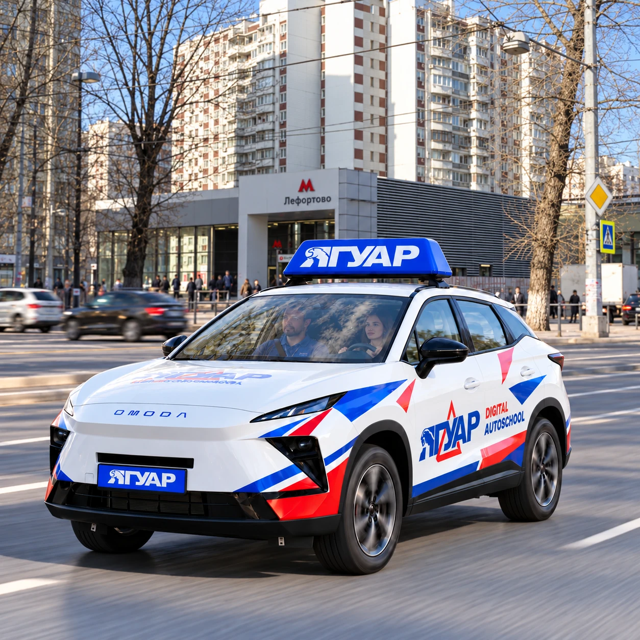 Учебный автомобиль «Ягуар» в движении рядом с метро Лефортово
