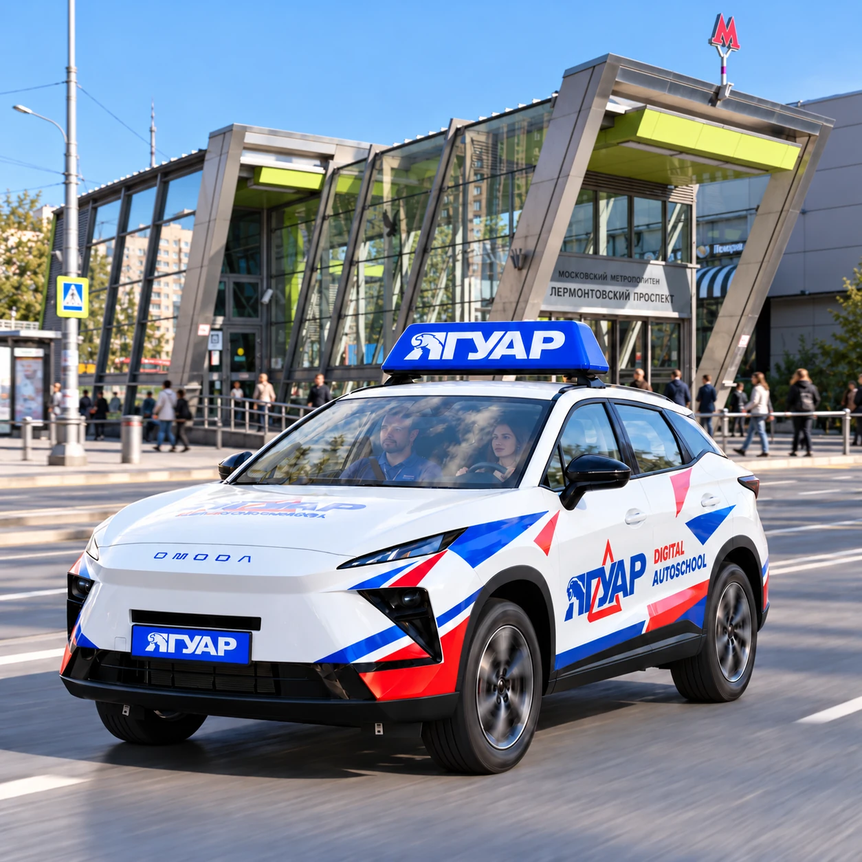 Учебный автомобиль «Ягуар» в движении рядом с метро Лермонтовский проспект