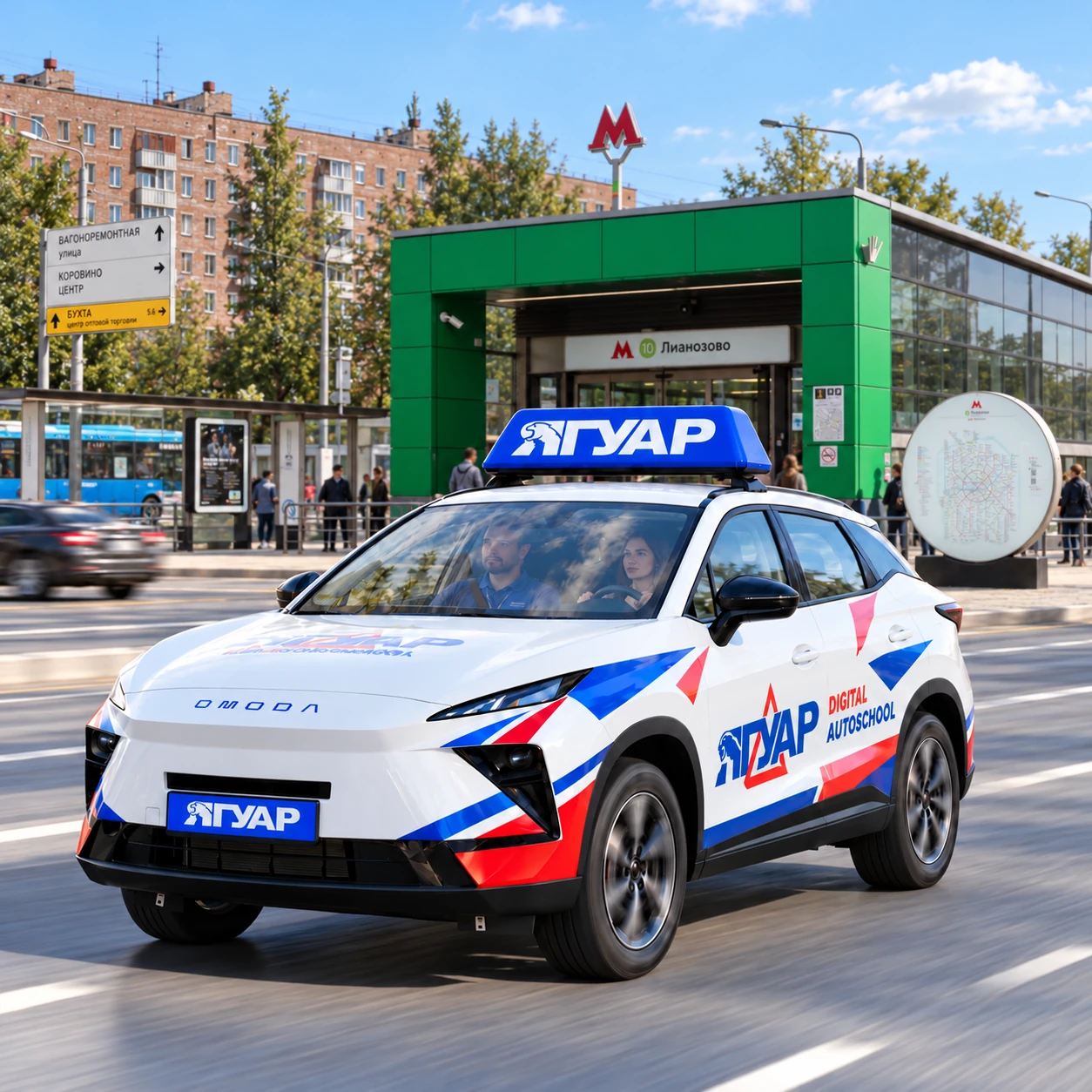 Учебный автомобиль «Ягуар» в движении рядом с метро Лианозово