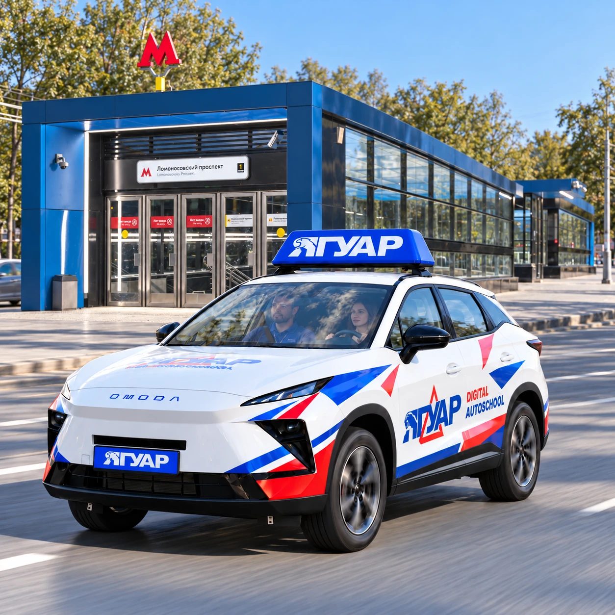 Учебный автомобиль «Ягуар» в движении рядом с метро Ломоносовский проспект